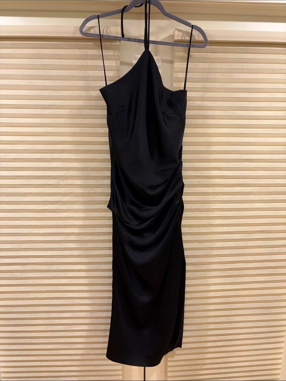 NWT Simkhai Black Halterneck Ruched Satin Midi Dress, Size US 6